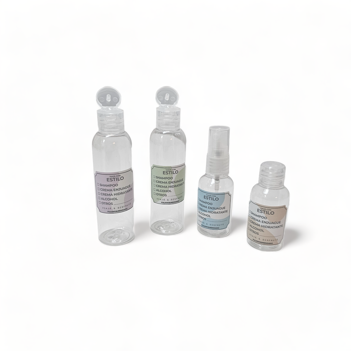 4 FRASQUITOS DE VIAJE - 2 X 60 ML TAPA FLIP + 1 X 30 ML TAPA CIEGA + 1 ATOM.30 ML + STICKERS